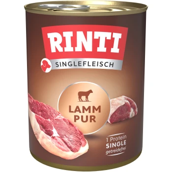 Rinti Singlefleisch puszkowane jedzenie dla psów z jagnięciną, oznaczone "Lamm Pur," z obrazkami surowych kawałków jagnięciny i tekstem "1 Protein SINGLE."