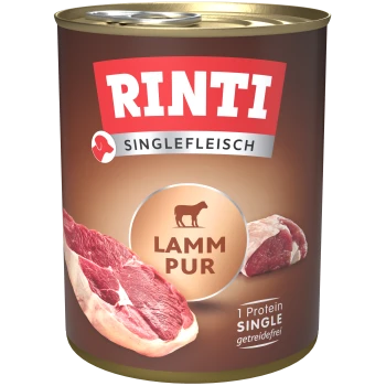 Rinti Singlefleisch-Dosenfutter für Hunde mit Lamm, beschriftet mit "Lamm Pur", mit Bildern von rohen Lammstücken und dem Text "1 Protein SINGLE".