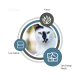 Weißer Kater mit schwarzen Gesichtsflecken und grünen Augen in einer runden Futtermittelgrafik; Text: Yucca, kalorienarm, energiearm.