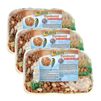 Drei Pakete Multifit-Nussbeutel für Vögel, jeweils mit 5 Stück, insgesamt 400g, mit einem blauen Etikett mit einer Vogelillustration.