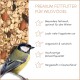 Supravit Premium-Fettfutter für Vögel im Winter, zeigt Mischsaaten und Nüsse mit einer Vogelillustration.