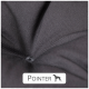 Nahaufnahme eines strukturierten grauen Stoffes mit einem zentralen Knopf, beschriftet mit "POINTER" und einer Silhouette eines Hundes unter dem Text.
