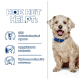 Een lichtgekleurde hond zit tegen een blauwe achtergrond met Nederlandse tekst over voordelen: reguleert de bloedsuikerspiegel, behoudt spiermassa, ondersteunt gewicht.