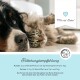Hund und Katze dicht beieinander; Banner lautet „Mit viel Liebe!“; blauer Fütterungsleitfaden mit Titel „Fütterungsempfehlung“.