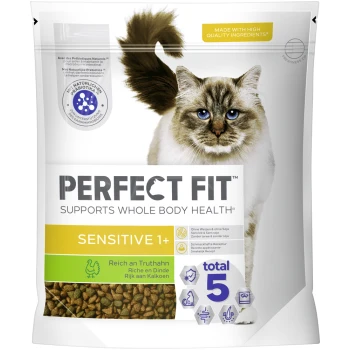 Sensitive 1+ mit Truthahn 1.4 kg Katzennahrungsverpackung mit einer flauschigen blauäugigen Katze, beschriftet mit "Perfekte Passform", "Unterstützt die Gesundheit des gesamten Körpers", "Sensibel 1+" und "Reich an Truthahn."