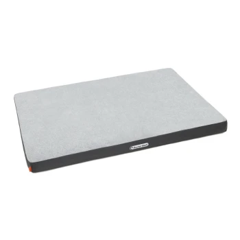 Graues Haustierbett mit schwarzem Rand, mit einem "Doctor Bark"-Logo an der Seite.