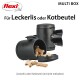 Schwarze Haustieraufbewahrungsbehälter, beschriftet für Leckerlis und Kotbeutel, mit herausfallenden Leckerlis und einem Hinweis, dass diese nicht enthalten sind.