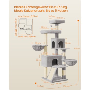 Grauer mehrstufiger Kratzbaum mit Hängematten und Sisalpfosten, Größenschilder und deutscher Text 'Bis zu 7,5 kg; Bis zu 5 Katzen'.
