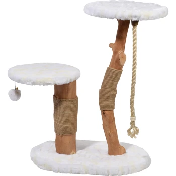 Design-Kratzbaum "Holly" , Weiß Katzenbaum mit zwei plüschigen Plattformen, natürlichen Holzpfosten, einem hängenden Pom-Pom-Spielzeug und Sisal-Seil zum Kratzen.