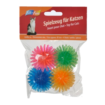 Kolorowe zabawki dla kotów w przezroczystym opakowaniu, zawierające cztery kolczaste piłki w kolorach różowym, zielonym, niebieskim i pomarańczowym. Tekst brzmi 'Fit+fun Spielzeug für Katzen.'
