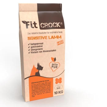Braune und beige Tüte mit Fit CROCK Sensitive Lamm-Hundefutter, 10 kg, mit Text auf Deutsch über seine natürlichen Zutaten und Vorteile.