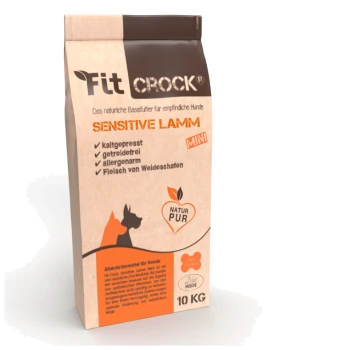 Braune und beige Tüte mit Fit CROCK Sensitive Lamm-Hundefutter, 10 kg, mit Text auf Deutsch über seine natürlichen Zutaten und Vorteile.