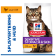 Zak Hill's Science Plan-kattenvoer met een bruine gevlekte kat, gelabeld 'Gevoelige maag en huid' en 'met kip'.