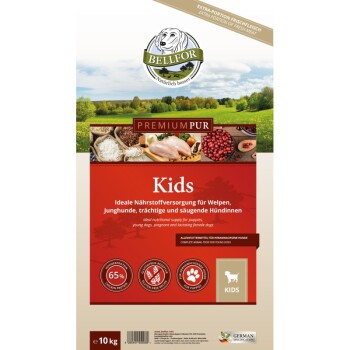 Bellfor Premium Pur Kids Hundefutterbeutel, 10 kg, mit einer malerischen Kulisse, mit Text, der die ideale Ernährung für Welpen und säugende Hunde hervorhebt.