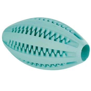 Spielzeug Denta Fun Rugby Ein türkisfarbenes Gummispielzeug für Haustiere in Form eines Rugbyballs, mit strukturierten Rillen für besseren Halt und zum Kauen.