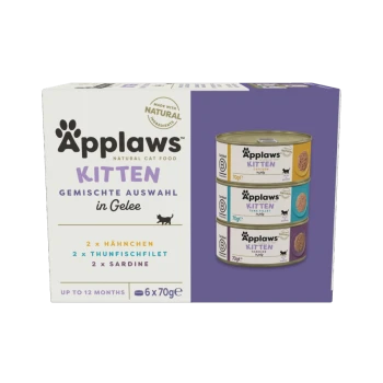 Applaws natürliche Katzenfutter für Kätzchen, mit einer gemischten Auswahl in Gelee, enthält 2 Dosen Huhn, 2 Dosen Thunfischfilet und 2 Dosen Sardine.