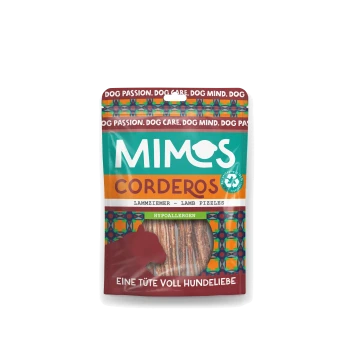 Mimos Corderos friandises pour chiens à base de pénis de mouton, hypoallergéniques, avec un emballage coloré portant le texte "Eine Tüte voll Hundeliebe."