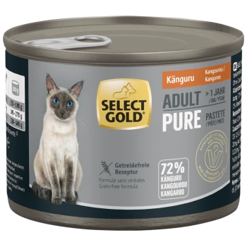 Select Gold Adult Pure Kangaroo Getreidefreie Katzennahrung Dose mit Bild einer Siamkatze, 72 % Känguru, 200g.