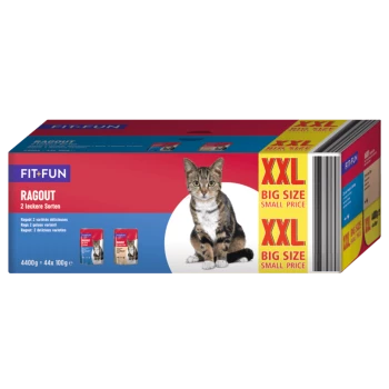 Cat food packaging featuring a tabby cat, labeled "FIT+FUN RAGOUT 2 Leckere Sorten," with "XXL BIG SIZE SMALL PRICE" promotions.