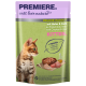 Premiere Katzenfutterbeutel mit einem Kätzchen, mit Text, der "Deluxe Ragout mit Huhn & Kalb" und "+ Fischöl" hervorhebt.