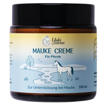 Braunes Glas Yuki Cares Mauke-Creme, 100ml, beschriftet zur Unterstützung bei Mauke, mit Inhaltsstoffen wie Aloe Vera und Borretin.