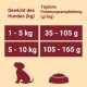 Fütterungsleitfaden für Hunde, der Gewichtskategorien (1-5 kg und 5-10 kg) mit entsprechenden täglichen Futterempfehlungen in Gramm zeigt.