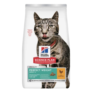 Hill's Science Plan kattenvoerzak — Perfect Weight Adult 1+ met kip; grijze gestreepte kat likt lippen.