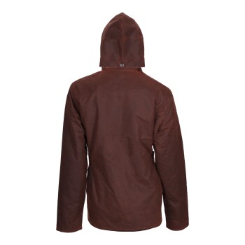 Braune wasserdichte Haustierjacke mit Kapuze und Druckknopf, von hinten gezeigt.
