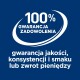 100% gwarancja zadowolenia, gwarancja jakości, konsystencji i smaku lub zwrot pieniędzy, na niebieskim tle.