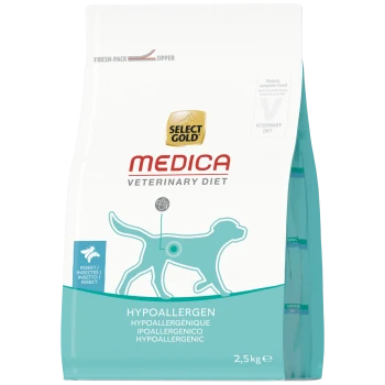 Sac de nourriture pour chiens Select Gold Medica Veterinary Diet hypoallergénique, silhouette de chien turquoise, avec les inscriptions "Hypoallergen" et "2,5 kg".