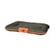 A rectangular pet bed with a dark green exterior and orange trim, featuring a plush, padded design for comfort.