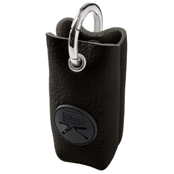 Kleiner schwarzer, genarbter Leder-Kotbeutelhalter mit silbernem Karabiner und rundem HUNTER-Logo-Patch