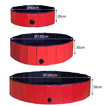 Drei zusammenklappbare Haustierpools in Rot und Marineblau, mit Durchmessern von 80 cm, 120 cm und 160 cm, mit Höhenmarkierungen und einem Ablassventil.