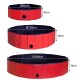 Drei zusammenklappbare Haustierpools in Rot und Marineblau, mit Durchmessern von 80 cm, 120 cm und 160 cm, mit Höhenmarkierungen und einem Ablassventil.