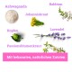 Bild von Kräutern: Ashwagandha, Johanniskraut, Hopfen, Baldrian, Lavendel und Passionsblume, mit pinkem Text "Mit bekannten, natürlichen Zutaten."
