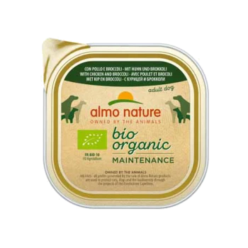 Almo Nature bio-organisches Hundefutter für Erwachsene in einem recycelbaren Behälter, mit Huhn und Brokkoli, beschriftet mit 'Wartung.'