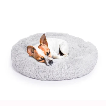 Hundebett Ceddie hellgrau L Ein kleiner, schlafender Hund mit braun-weißer Fellfarbe, der sich auf einem flauschigen grauen runden Haustierbett zusammenrollt.