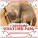 Graue Katze liegt auf Karton-Kratzpad mit dem Text '2 KARTON-KRATZPADS' und Produktbeschreibung darunter.