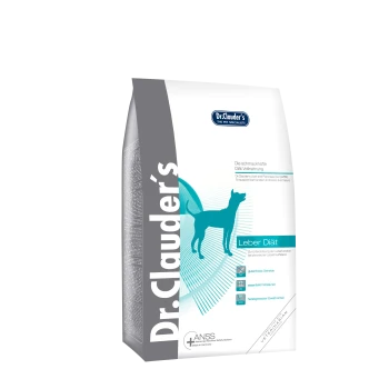 Dr. Clauder's Leberdiät-Hundefutterbeutel, mit einer Silhouette eines Hundes, mit Text, der glutenfreie Körner und essentielle Fettsäuren hervorhebt.