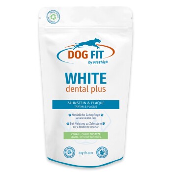 Weißer Beutel: DOG FIT by PreThis – WHITE dental plus Hundezahnstein- & Plaquepflege, vegan, dog-fit.com