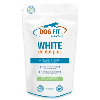 Weißer Beutel: DOG FIT by PreThis – WHITE dental plus Hundezahnstein- & Plaquepflege, vegan, dog-fit.com