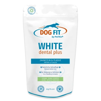 Weißer Beutel: DOG FIT by PreThis – WHITE dental plus Hundezahnstein- & Plaquepflege, vegan, dog-fit.com