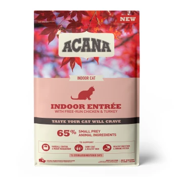Indoor Entrée z kurczakiem, indykiem i śledziem 4,5 kg Worek karmy ACANA Indoor Cat oznaczony jako "Indoor Entrée" z kurczakiem, indykiem, 65% małych ofiar i zapewnieniami o kontroli kul włosowych i zdrowej skórze.