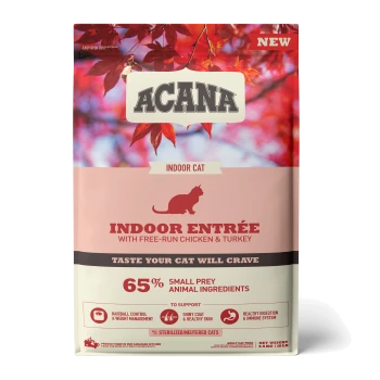 ACANA Indoor Cat Futterbeutel mit der Bezeichnung 'Indoor Entrée' mit Huhn, Truthahn, 65% kleine Beute und Ansprüche auf Haarballenkontrolle und gesunde Haut.