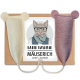 Zwei mausförmige Katzenspielzeuge, eines in Creme und eines in Lila, auf einem braunen Kartonhintergrund mit einem "KATER KASIMIR"-Label.