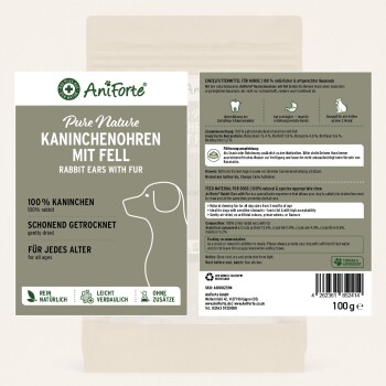 Tütenetikett: AniForte Pure Nature „Kaninchenohren mit Fell“ (Rabbit ears with fur), 100 % Kaninchen, schonend getrocknet, 100 g