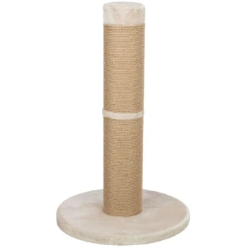 Ein hoher, beiger Katzenkratzbaum mit einem runden Fuß, mit einer sisalumwickelten Säule und einer weichen Oberseite, ideal für das Spielen von Katzen.