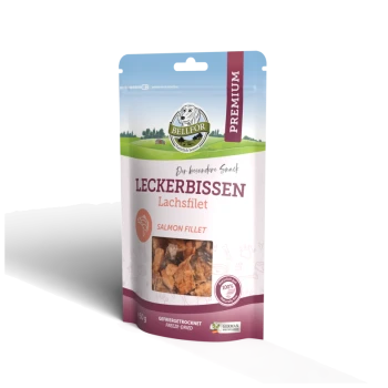 Premium-Haustierleckerlipackung mit gefriergetrocknetem Lachsfilet, beschriftet mit "Leckerbissen Lachsfilet", mit einem Gewicht von 150 g.