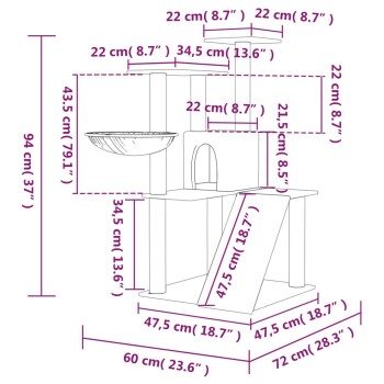 Diagramm eines mehrstöckigen Kratzbaums für Katzen mit in Zentimetern und Zoll beschrifteten Abmessungen, ausgestattet mit einer Schüssel, einer Rampe und einem geschlossenen Raum.