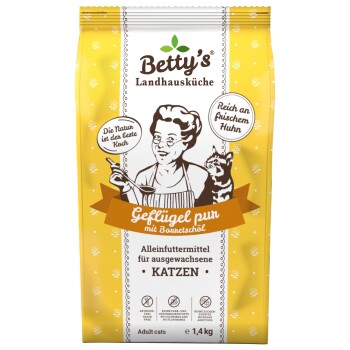 Betty's Landhausküche Katzenfutterbeutel, Geflügelgeschmack, getreidefrei, 1,4 kg, mit deutschem Text und Katzenillustration.